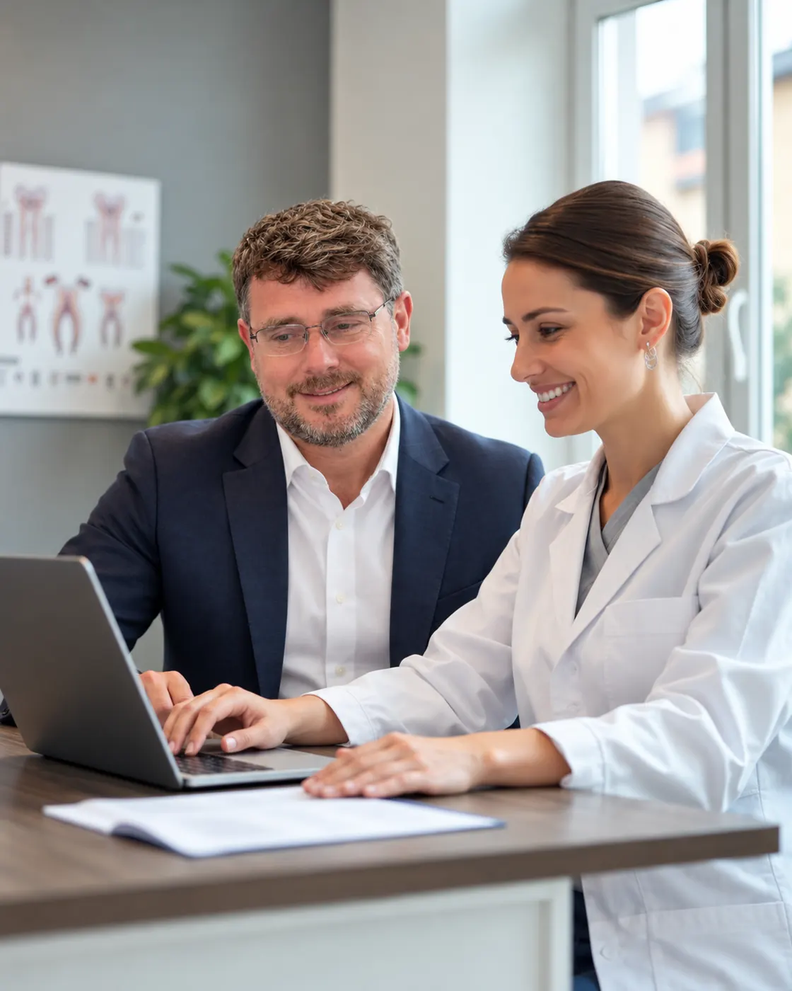 A Dale Ray Dental Solutions consultant and a dentist smiling as they review practice information together on a laptop.