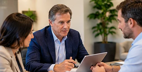 Illustrative image: three colleagues in a leadership planning meeting around a tablet.