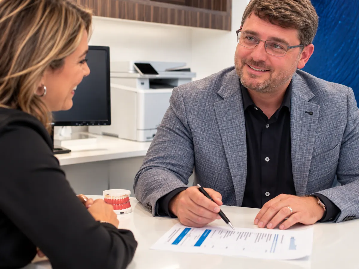 A Dale Ray Dental Solutions consultant in conversation across a consultation desk, with a printed plan and a dental model on the table.