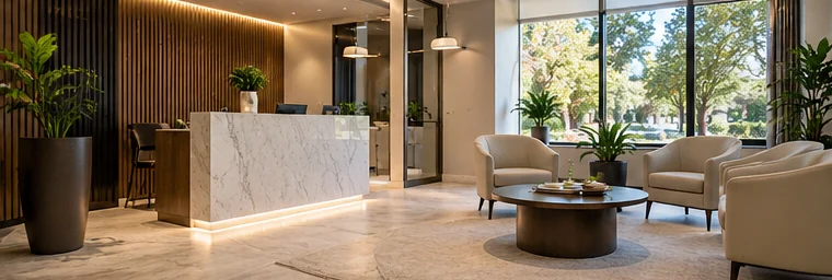 Illustrative image: a bright, modern dental practice reception area with a marble front desk and lounge seating.