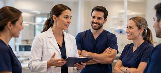 Illustrative image: a dentist leading a team huddle with dental team members in scrubs.